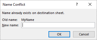 Excel Name Conflict dialog with an old name of MyName and a text field to enter a new name