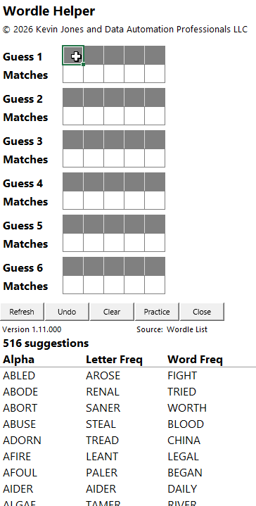 Wordle Helper game play area