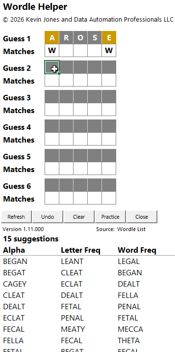 Wordle Helper after first guess